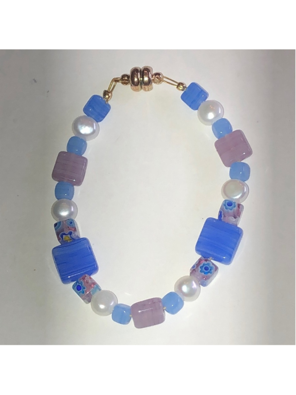 Elegant Blue and Purple Glass Genuine Pearl Beaded Boho Bracelet